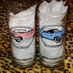 Vintage Round Table Pizza Collectible '59 Cadillac & 57 Thunderbird Glasses Set